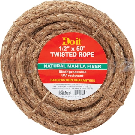 All-Source Rope, 1/2 In. x 50 Ft. Natural Twisted Manila Fiber Packaged Rope 19144III